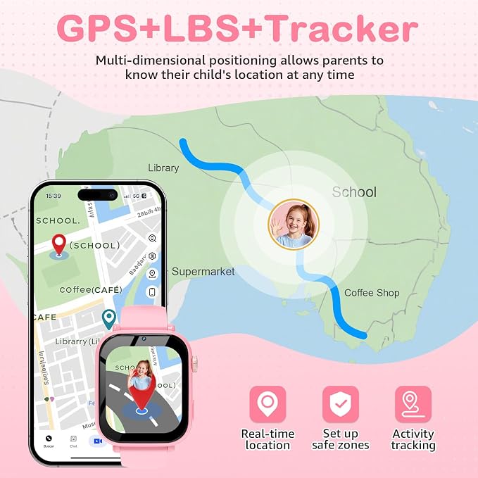 Kids Smart Watch for Boys Girls, 4G Smartwatch Phone for Children with GPS, Call, SOS, Video/Voice Chat, Parental App, Alarm, HD Touchscreen Watches for Kid Gifts Ages 4-12, Bright Pink