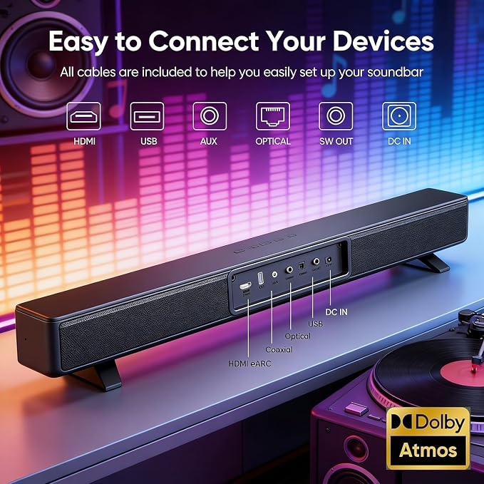 Sound Bar with Subwoofer, 100W Bass Soundbar for Smart TV, w/Dolby Atmos 3D Surround Sound System, 2.1CH Home Theater Audio Soundbar, Adjustable Home Theater Bluetooth Speaker for TV/Projector/PC