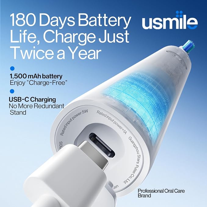 usmile P10S Sonic Electric Toothbrush – 3 Modes Deep Clean & Whitening, 180-Day Battery Life, Cushioned Gum-Care Brush Head for Sensitive Teeth, Smart Timer, 2 Brush Heads (White)