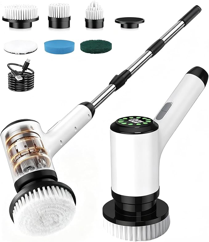 Electric Spin Scrubber, Cordless Cleaning Brush with 6 Replaceable Heads, Adjustable Long Handle, IPX7 Waterproof Lightweight Power Scrubber for Bathroom Tile Grout Tub Shower, White-le1