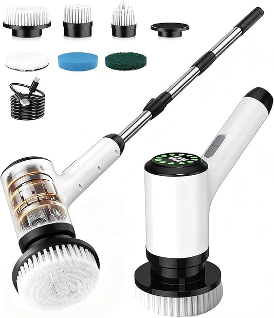 Electric Spin Scrubber, Cordless Cleaning Brush with 6 Replaceable Heads, Adjustable Long Handle, IPX7 Waterproof Lightweight Power Scrubber for Bathroom Tile Grout Tub Shower, White-le1