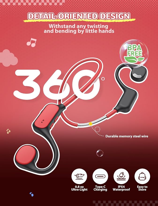 iClever Kids Headphones, Bluetooth 5.4 Air Conduction Open Ear Headphones, Safe Volume 74&85 dBA, Clear Audio, 360° Bending, Ultra-Light Comfortable Kids Bluetooth Headphones for iPad/Outdoor/Sports