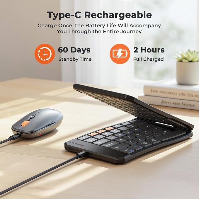 MEETION Ergonomic Foldable Keyboard and Mouse, Portable Bluetooth Keyboard and Mouse for Business Travel, Ultra-Thin Folding Wireless Keyboard Mouse for Windows/Mac/iOS/Andriod, C9880