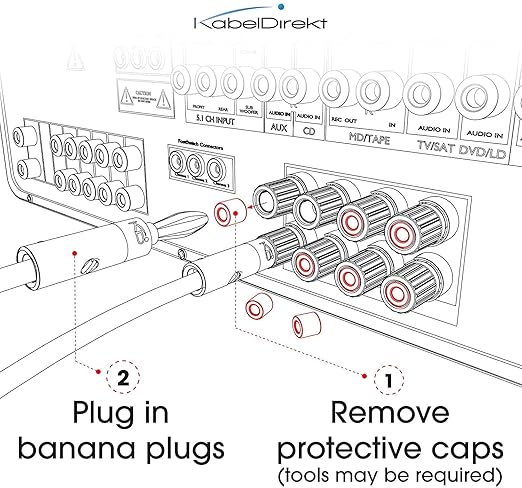 KabelDirekt – Banana Plugs – 10 Pairs (for Speaker Wire, AWG 10-16, Allow Flexible Connection to Speakers, amplifiers, A/V receivers, Power amplifiers & Stereo Systems, Fixing Screws, Gold Plated)