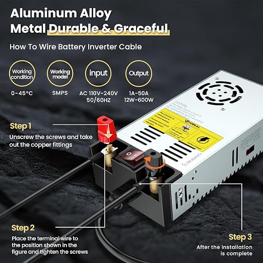 Anbull New Version 110V AC to 12V DC Converter, with ON/Off Switch,Pure Copper Terminals 12V DC Adapter Transformer, Max 50A 600W Power Supply,Upgraded Circuit Board