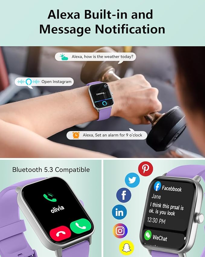 Quican Smart Watches for Women, Compatible for iPhone and Android Phones | 1.8" Fitness Tracker Watch, Waterproof, Calling, Heart Rate/Sleep Monitor, Alexa, Gifts for Women, Silicone Band, Purple