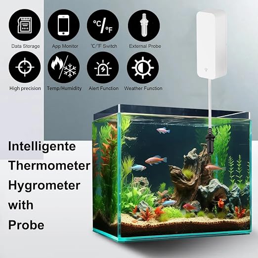 Smart Thermometer Hygrometer with Probe, WiFi Aquarium Temperature Humidity Gauge with App Remote Monitor, Indoor Refrigerator Thermometer Sensor, Data Storage&Export, Compatible with Alexa. 2PCS
