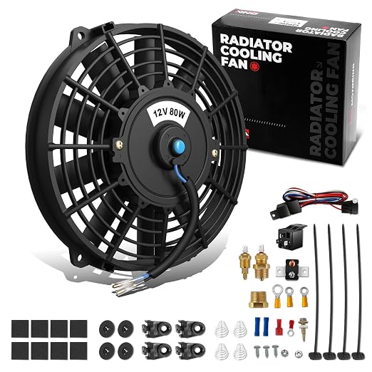 DNA Motoring 7Inch Electric Radiator Cooling Fan Thermostat Wiring Switch Relay Kit, Universal High Performance Slim Fan Push Pull Electric Radiator with Mount Kit, RAF-7+SW-KIT