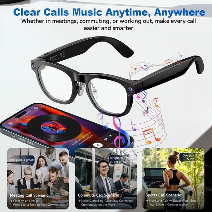 AI Smart Glasses with 8MP Camera, 1080P Video Recording, Real-Time Translation, AI Assistant & Object Recognition, Photochromic Lenses, Bluetooth 5.4 Calls & Music, IP65 Waterproof, 7-8Hr Battery