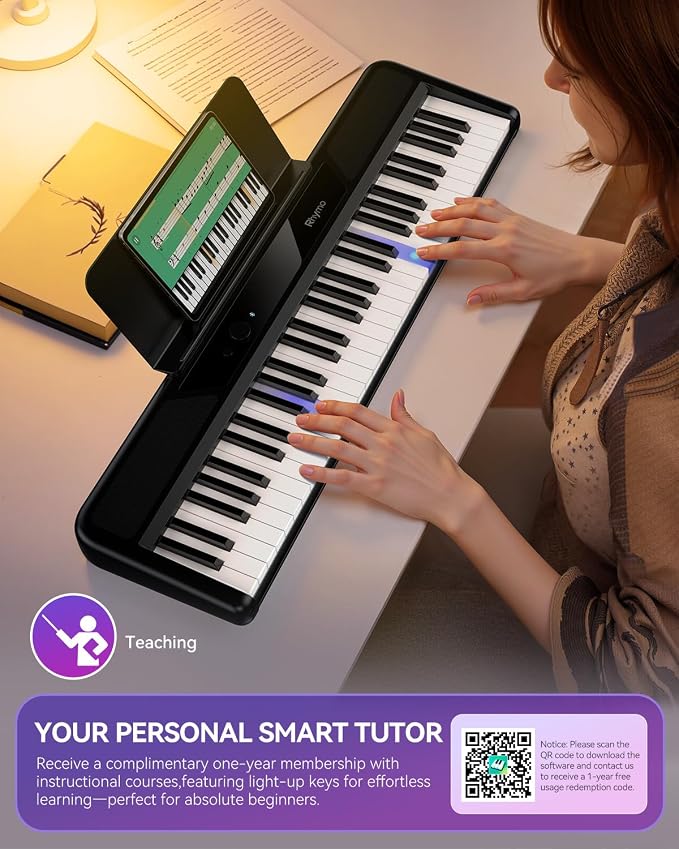 Rhymo 61-Key Velocity-Sensitive Lighted Piano Keyboard, 10W Dual Speakers, Dynamic Touch Sensitive Keys, Bluetooth & App-Enabled for Beginner Adults Kids