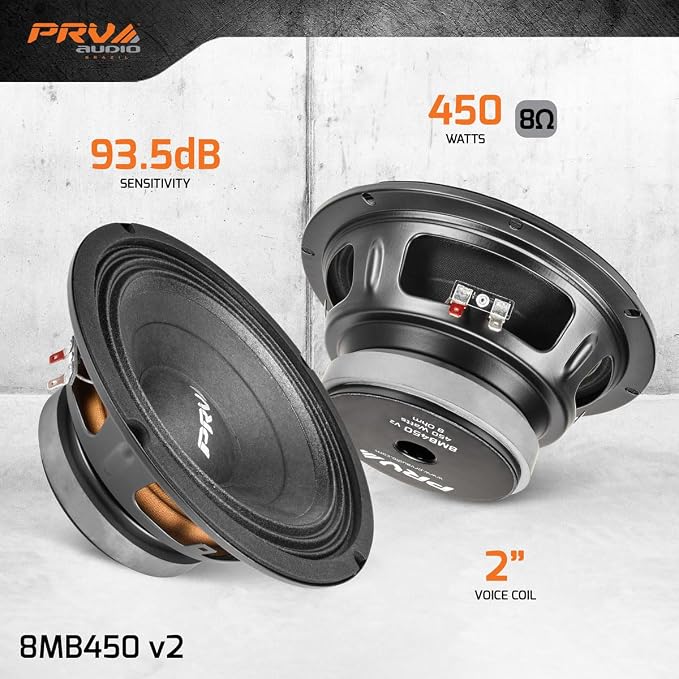 PRV AUDIO 8 Inch Midbass Speaker 8MB450 v2, 450 Watts, 8 Ohm, 2 in Voice Coil, Loudspeaker for High Output Pro/Car Sound System (2 Speakers) Bundle
