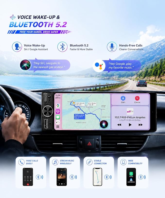 6.5" Wireless Single Din Car Stereo with Apple CarPlay, 720x1280 HD in-Cell Touchscreen, FM Radio with Bluetooth 5.2, USB & Type-C Fast Charging, SWC, Backup Camera, Android Auto, Hands-Free with Mic