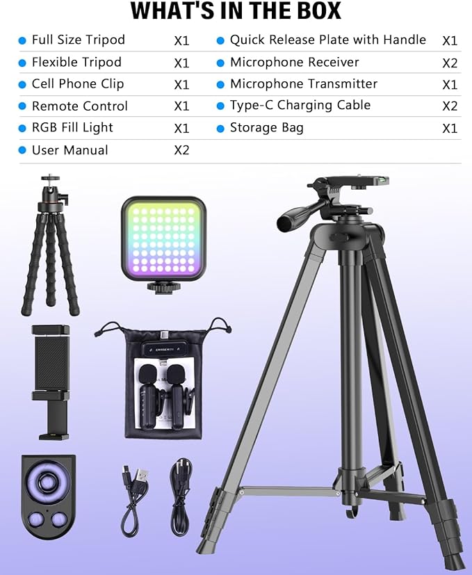 Vlogging Kit for iPhone/Android, YouTube Starter Kit with Wireless Microphone/Camera Tripod/Flexible Tripod/RGB Fill Light, Content Creator Essentials Kits for TikTok Vlog Video Recording