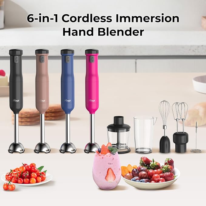 Rosewill 6-in-1 Multi-Speed Cordless Rechargeable Immersion Hand Blender, Heavy Duty Motor - Stick Blender, Beaker, Whisk, Chopper, Dual Beater, Milk Frother - For Smoothies, Baby Food, Soup - Blue