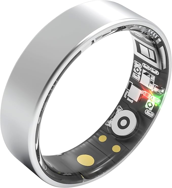 Smart Ring | No Subscription Fitness & Health Tracker Silver Size8 | 5ATM waterproof, 5day battery, Fitness & heart rate & SpO2 & pressure tracker, iOS & Android compatible, family care
