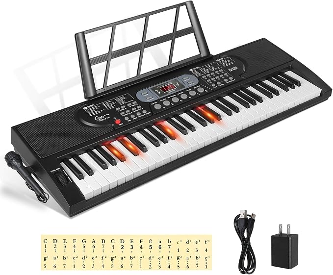 Keyboard Piano Lighted Keys for Beginner Adults Teens Kids, 61 Key Electronic Music Keyboard with Teaching Modes Powered by USB or Battery with LCD Display Microphone Headphone Jack