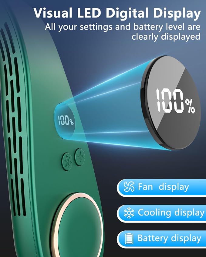 Portable Neck Fan Rechargeable,Neck Air Conditioning Wearable Cooling Device,Wear AC Air Conditioner Flexible Adjustable Angle,5 Speeds No Blade Headphone Design Breezy Hands Free Head Cooler Green