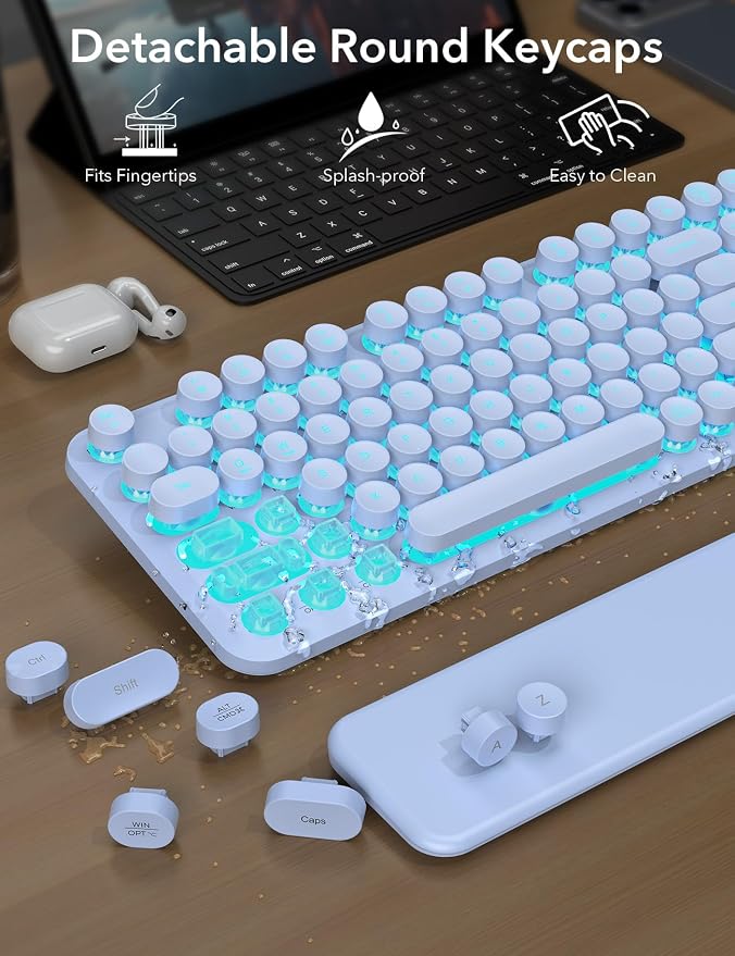 Wireless Keyboard and Mouse Backlit - Purple Typewriter Keyboard with Magnetic Wrist Rest, Retro Round Keycaps, Light Up Letters, 2.4GHz Cordless Combo for Windows, PC, Laptop, Trueque [Upgraded]