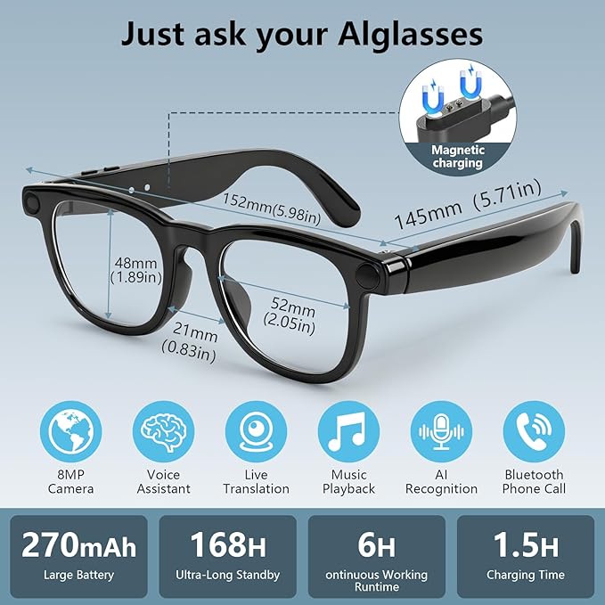 AI Smart Glasses with 4K HD Camera & Anti-Shake, ChatGPT Integrated Voice Control Glasses for Hands-Free Video Recording, Live Translation & Object Recognition, Bluetooth Smart Eyewear
