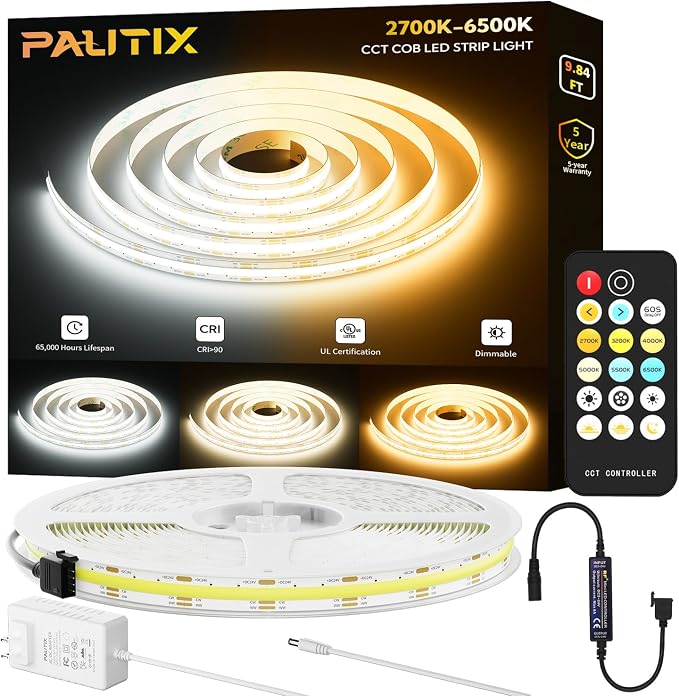 PAUTIX COB LED Strip Light White CCT Tunable, Super Bright Dimmable 2700K-6500K All in One UL-Listed LED Tape Light, for Under Cabinet Bedroom Kitchen Shelf Mirror DIY Lighting, 9.84ft