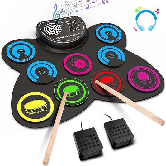 Electric Drum Set, 9 Drum Practice Pad, Roll-up Electronic Drum Pad with Headphone Jack Built-in Speaker Drum Sticks Foot Pedals, Gift for Kids