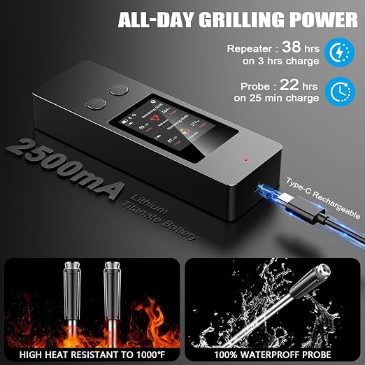 Bluetooth Wireless Meat Thermometer, No App Needed, 800FT Range, Dual Ultra-Thin Probes, IP67 Waterproof, HD Touch Screen - Perfect for BBQ, Grill, Oven, Smoker & Kitchen Cooking
