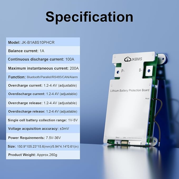 JK BMS Smart BMS 3S-8S 100A 1A Active Balancer JK-B1A8S10P-HCRPB | JK BMS for LiFePO4 Li-ion LTO batteries with Bluetooth RS485 CAN parallel function alarm and multi protection