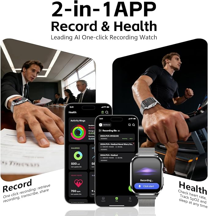 AI Smart Watch with Voice Recorder, Transcribe & Summarize with AI for Meetings, App Control, Supports 135 Languages, 2.13" AMOLED Display, Health, Fitness & Sleep Tracker, 80+ Workout Modes, Silver