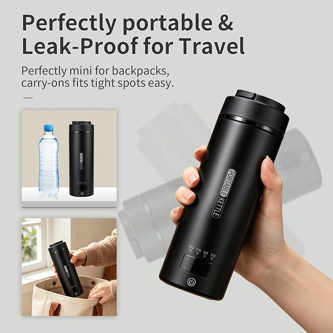 Travel Electric Kettle Small, Smart Water Bottle with 4 temperature control, 450 mL Portable Self Heating Kettle with Leak-Proof for Dormitories, Offices, Business Travel Hotels, 120V