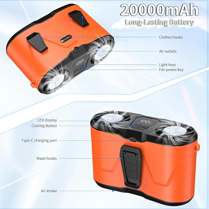 20000mAh Wearable Waist Fan, USB Rechargeable Personal Fan with 10 Wind Speeds, Dual Motors Portable Clip On Fan, Hands Free Cooling Fan for Outdoor Working Camping Travel (Orange)