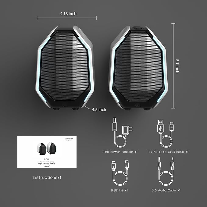 Computer Speakers for Desktop PC, Gaming PC Speakers for Desktop – USB-C, Bluetooth 5.3, 3.5mm AUX, AC Powered External Audio with Rich Stereo bass, Laptop/Mac, RGB Lights, White, 30W