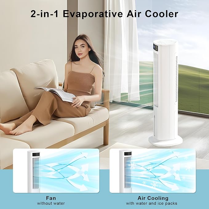 Antarctic Star 40" Evaporative Air Cooler, 24H Timer & Remote Control, Bladeless Tower Swamp Cooler, 80° Oscillation Cooling Fan with Removable Water Tank for Home Office