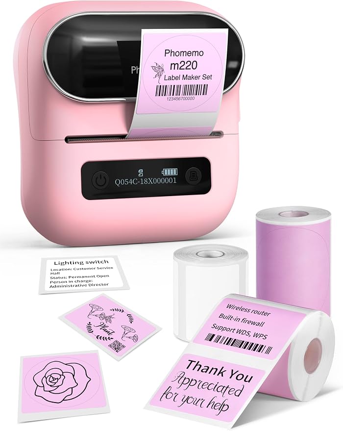 Phomemo M220 Label Maker & 1 Roll Rainbow Gradient Circle Thermal Label, 1.96" x 1.96"（50x50 mm）, Portable Sticker Label Maker Machine for Mailing, Storage, Address, Clothing, Home, Office