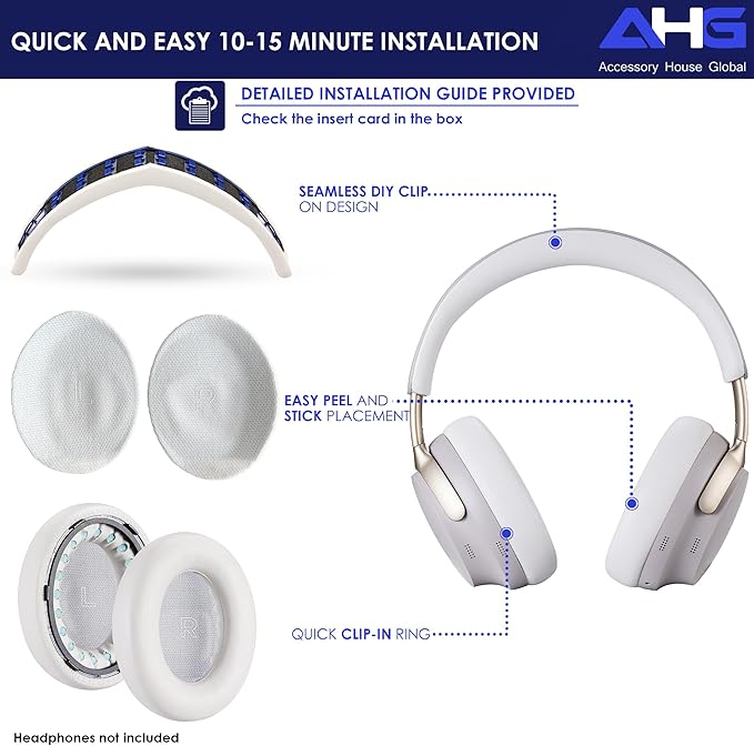 AHG Accessory House Global QC Ultra Replacement Ear pad and Headband Pad Kit Cushion Compatible with Bose QuietComfort Ultra Wireless Headphones. (AHG-QUIETCOMFORT-Ultra-Combo-White-Smoke)