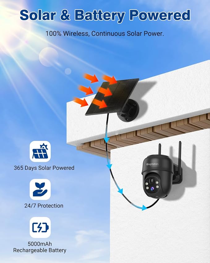 Septekon 2K Solar Security Cameras Wireless Outdoor 2 Pack, 360°PTZ Battery Powered Outdoor Camera, 2.4G WiFi Camera with Spotlight Color Night Vision, Motion Sensor Alarm, IP66, Black