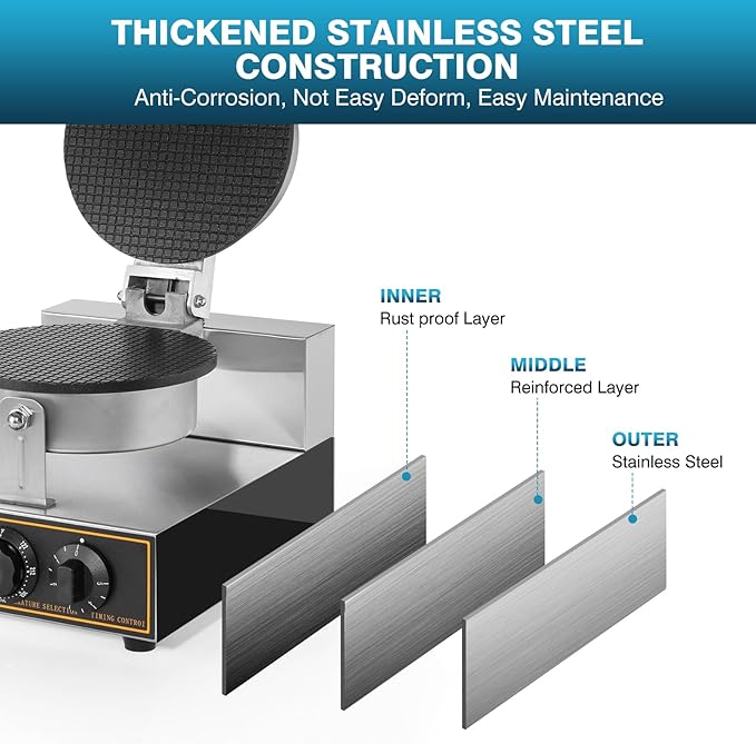IRONWALLS Commercial Waffle Cone Maker Machine, 110V 1200W Stainless Steel Electric Ice Cream Cone Waffle Maker Machine with 8.3” Non-stick Baking Tray, Temperature & Time Control for Restaurant