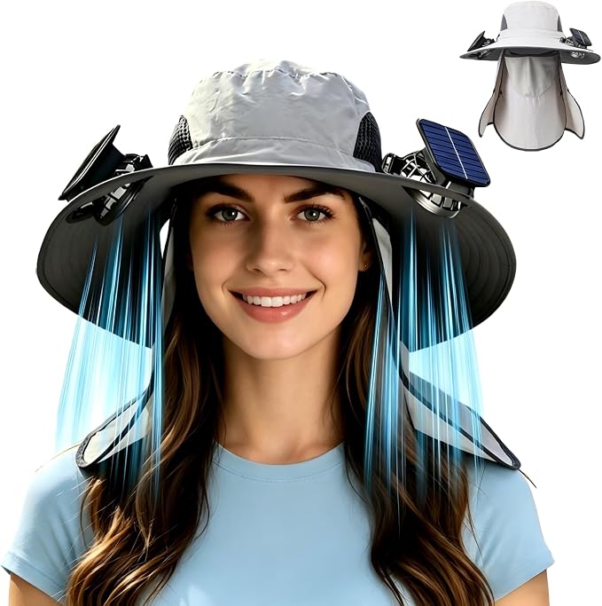 Wide Brim Solar Fan Hat for Men Women, 2026 3-in-1 Detachable Solar Powered Fan Hat, with Removable Neck Cap and Face Mask