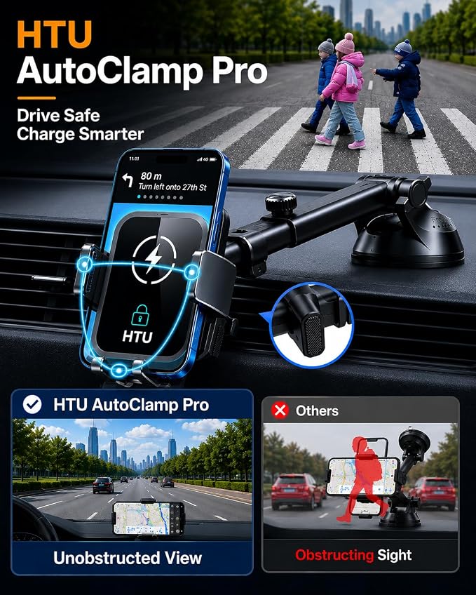 HTU 2026 Upgraded Wireless Car Charger Mount, 【Strongest Suction & Military-Grade Certs】 15W Fast Charging Auto-Clamping Phone Holder for Dash Windshield Air Vent, Fit for iPhone & Android, Jet Black