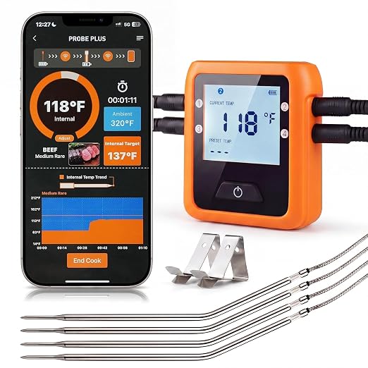 Wireless Meat Thermometer Digital for Outside Grilling BBQ Oven and Smoking, 4 Meat Probes Grill Thermometer for Home Chefs Cooking Turkey Fish Beef Bluetooth 330ft Range Temp Sensors