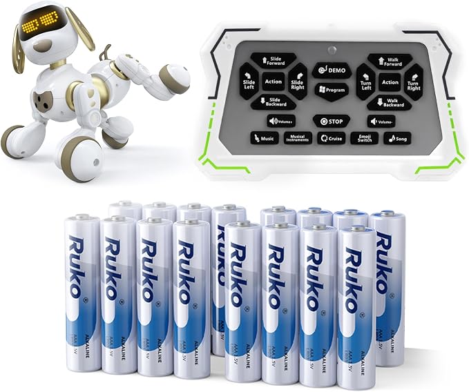Ruko 18011 Smart Robot Dog Toy White and AAA Alkaline Batteries 16 Pack for Remote Control