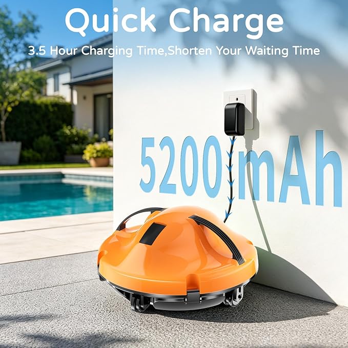 2026 New Cordless Robot Pool Vacuum, Automatic Pool Cleaner Robot with Dual-Motor, 130mins Runtime & Auto Parking Robotic Pool Vacuum for Above Ground Pool Up to 1100 Sq.Ft,JQR-V201,Orange