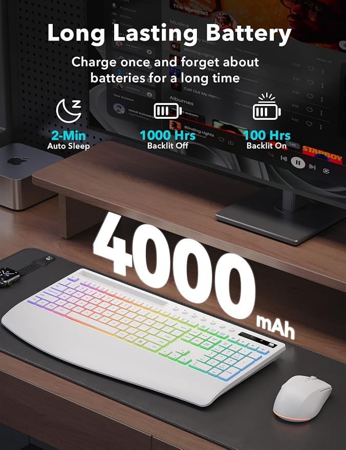 Trueque Wireless Keyboard and Mouse Combo, 4000mAh Rechargeable Backlit Keyboard with Wrist Rest & Phone Holder, Full Size Quiet Typing 2.4G USB-A/Type-C for PC Laptop Windows Mac (White)