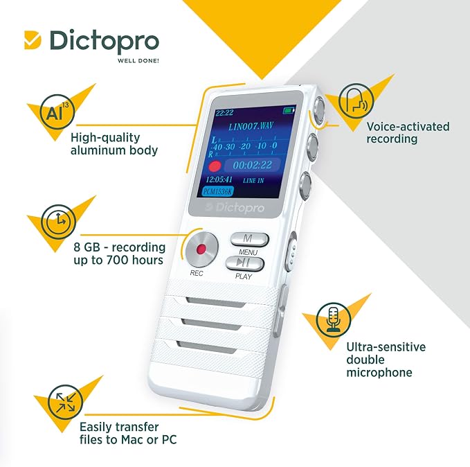 Voice Activated Digital Recorder - Ultra Sensitive Dual Mics, 8GB, 700H Storage, Noise Reduction Dictophone, Portable Audio Recording for Lectures, Meetings, Interviews, Work, Doctors - Dictopro X100