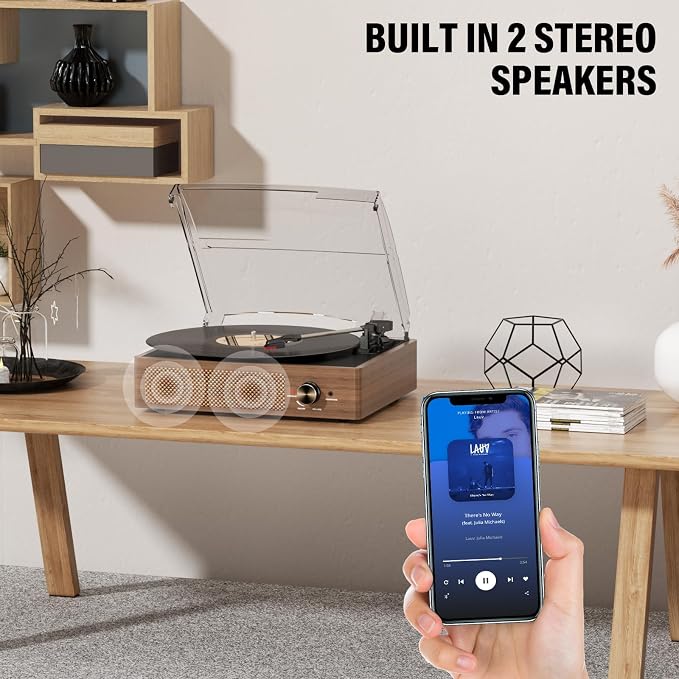 Vinyl Record Player Turntable with Built-in Bluetooth Receiver & 2 Stereo Speakers, 3 Speed 3 Size Portable Retro Record Player for Entertainment and Home Decoration