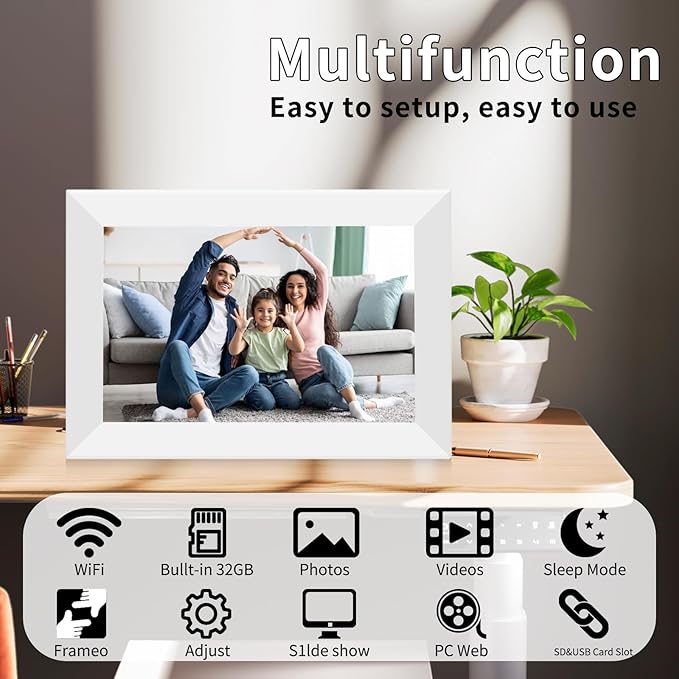 Frameo 10.1" Digital Picture Frame White, Smart WiFi Digital Photo Frame with IPS Touch Screen, 1280x800 HD Display, 32GB Auto-Rotate Wall Mountable, SD/USB Slot, Instant Sharing via Frameo App