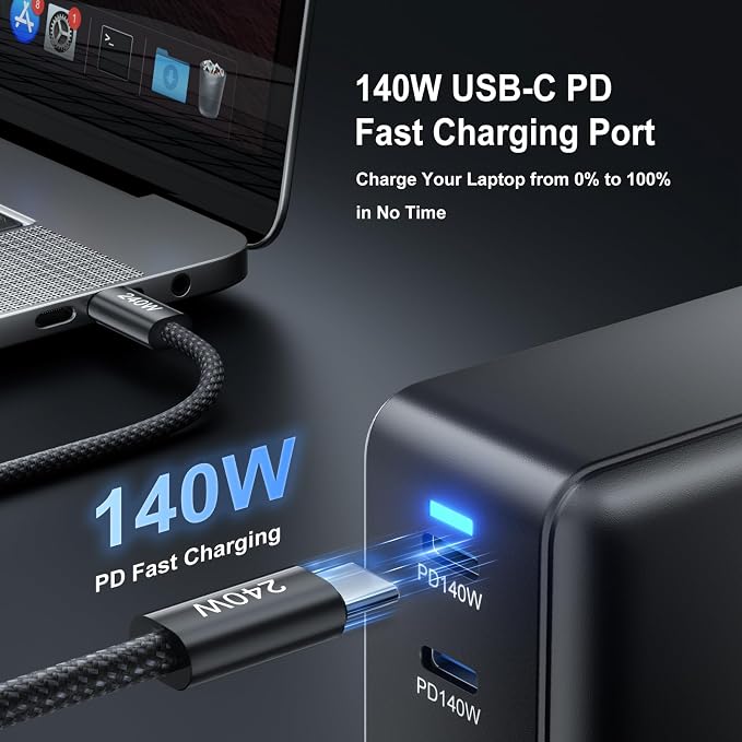 600W Fast Charging 8 Port USB C Charger Block with Nylon Fast Charging Cable, Multi-Device Charging Station Wall Desktop Charger with GaN Ⅲ Technology, USB-C Charger Adapter for MacBook/iPad/iPhone 17