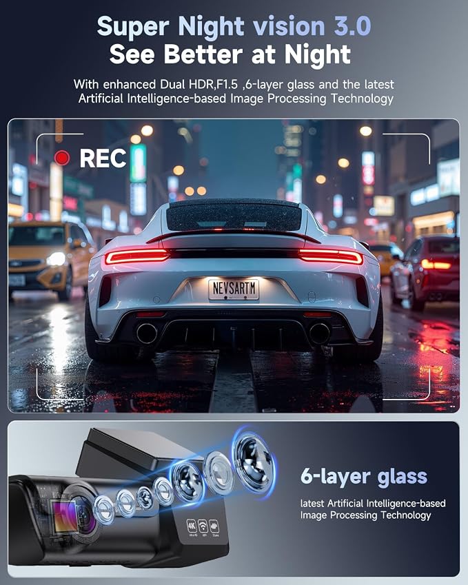 F8 4K Dash Cam Front and Rear, 170° Wide Angle Dshcam Front and Rear Camera with 64GB Card, 5G WiFi & App Control, WDR/HDR Night Vision, 24H Parking Mode, Loop Recording