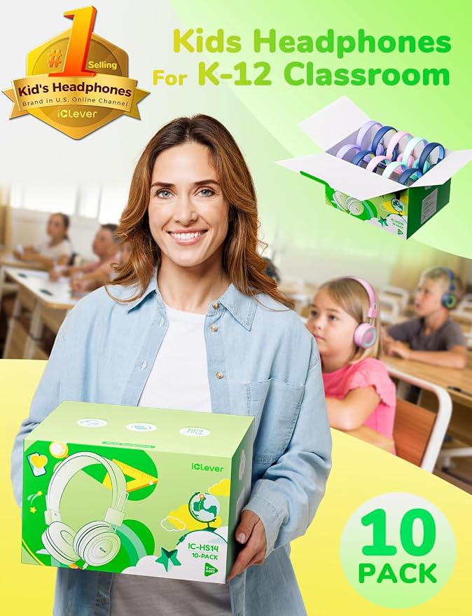 iClever Kids Headphones for School K-12, Tangle Free, 3.5mm Jack, HD Stereo, Swivel Folable Kids On Ear Headphones with Cord for Classroom/Student/Tablets/Laptop, Bulk 5Pack (Colorful 10PACK)