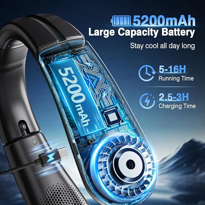 ChillGo Portable Neck Fan - 8400 RPM Enlarged Turbo Airflow - 5200mAh Personal Rechargeable Cooling Wearable Fan - Max 16H, 4 Speeds, Foldable, LED Display - Great Gifts for Men Women - NYC Midnight