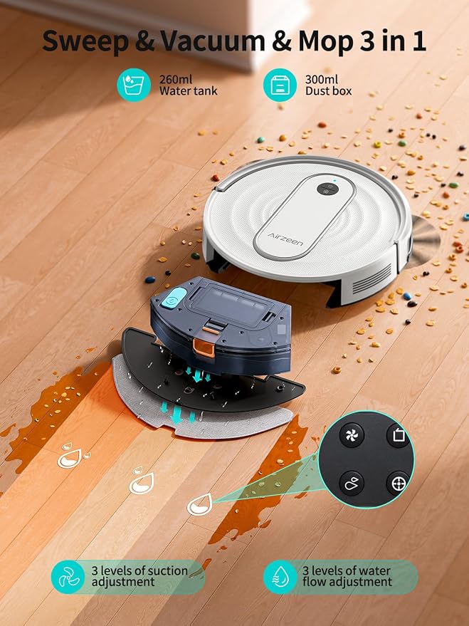 Airzeen Robot Vacuum and Mop - 4000Pa Powerful Suction, APP/Alexa Control, 3-in-1 Cleaning Solution with Auto Self-Charging, Perfect for Pet Hair, Carpets, and Hard Floors